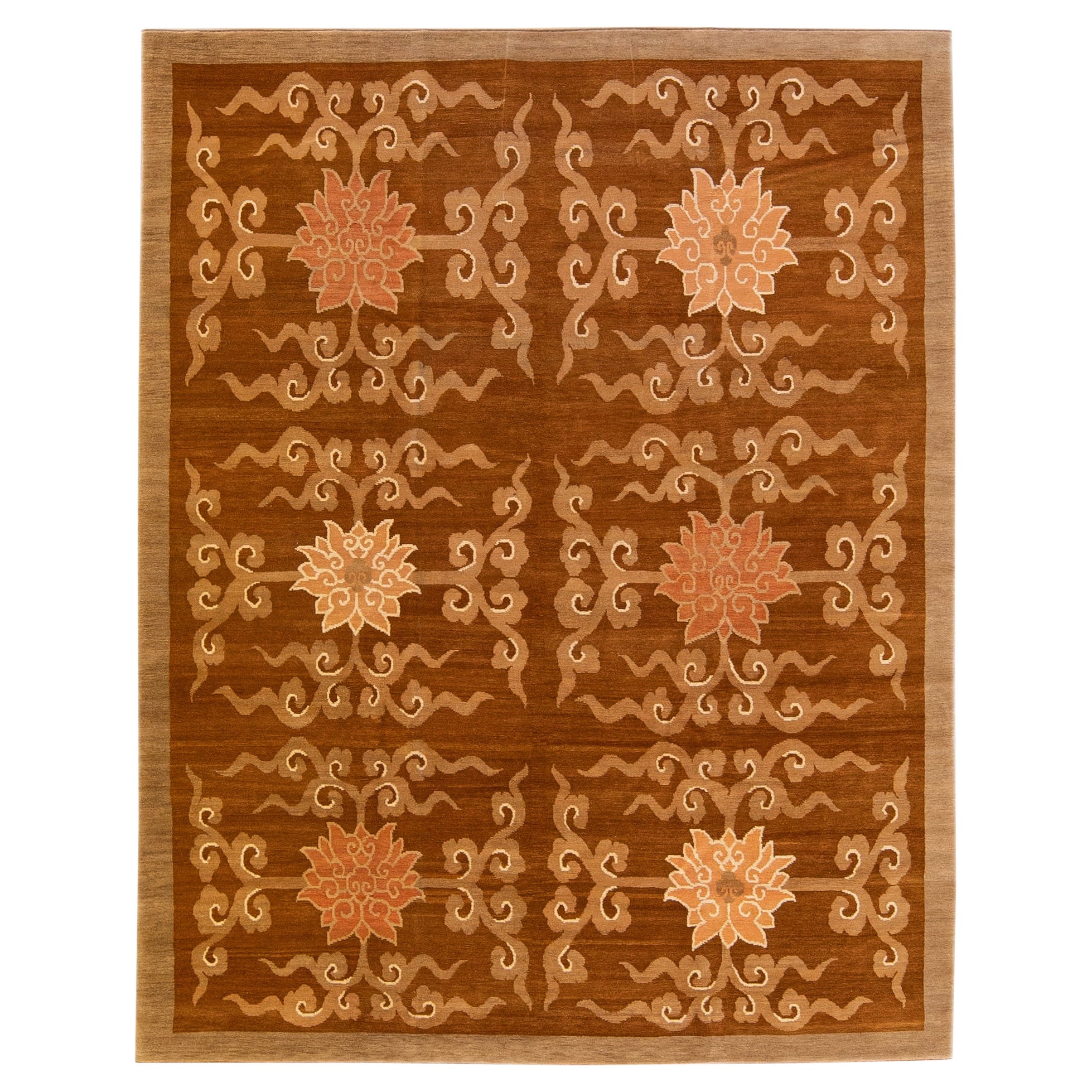 Modern Tibetan Handmade Lotus Flower Pattern Brown Wool and Silk Rug For Sale