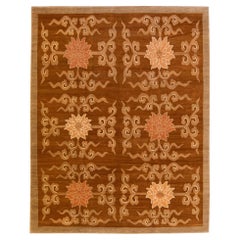 Tapis tibétain moderne fait à la main en laine et soie marron à motif de fleur de lotus