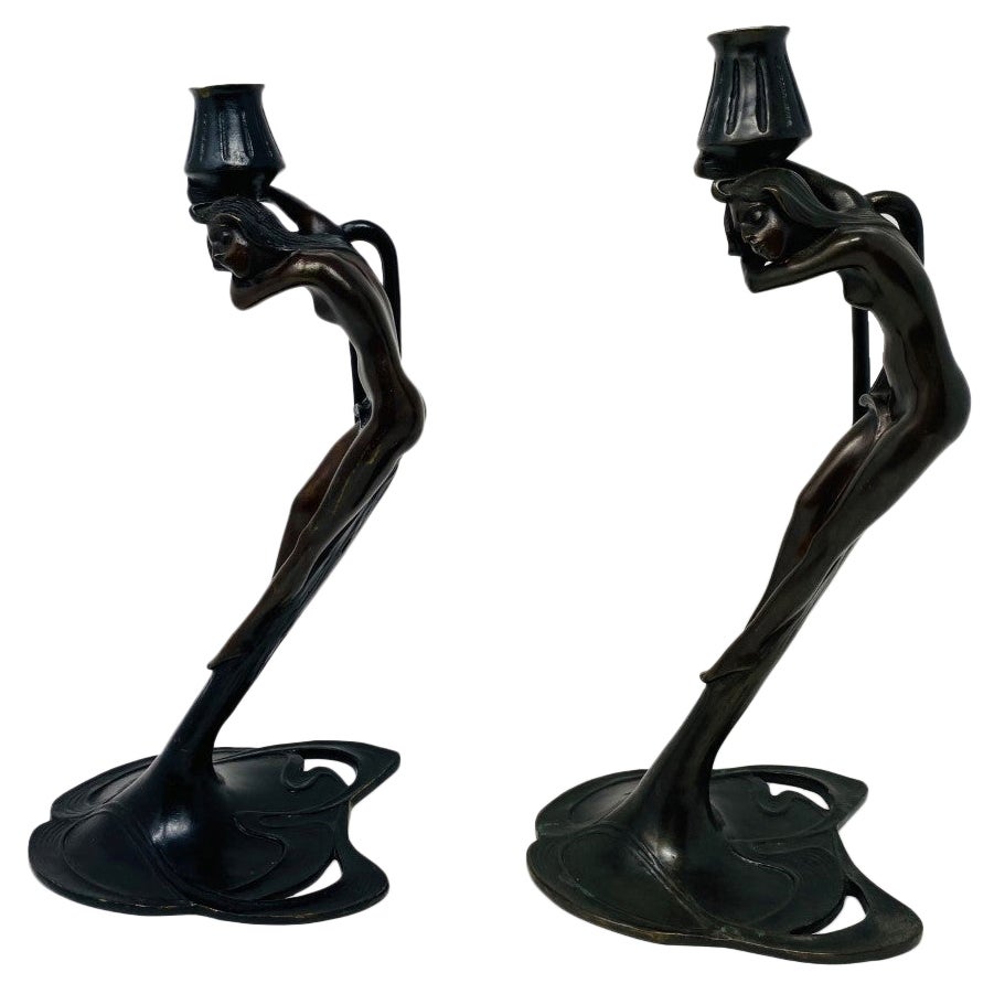 Vintage Art Deco Bronze Nymph Sculpture Candle Holders by MMA