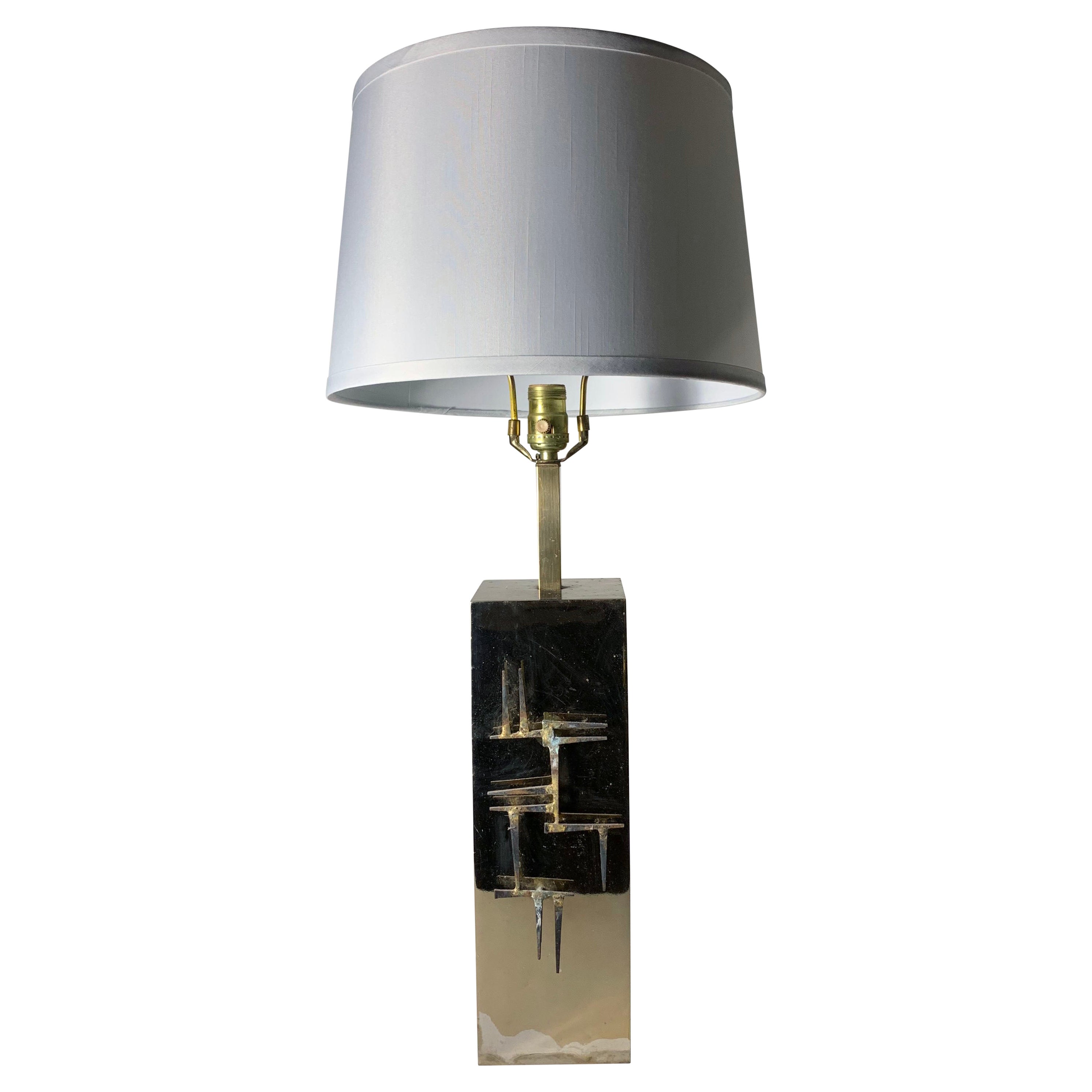 Brutalist Brass Table Lamp with Abstract Nail Applique Relief by Laurel
