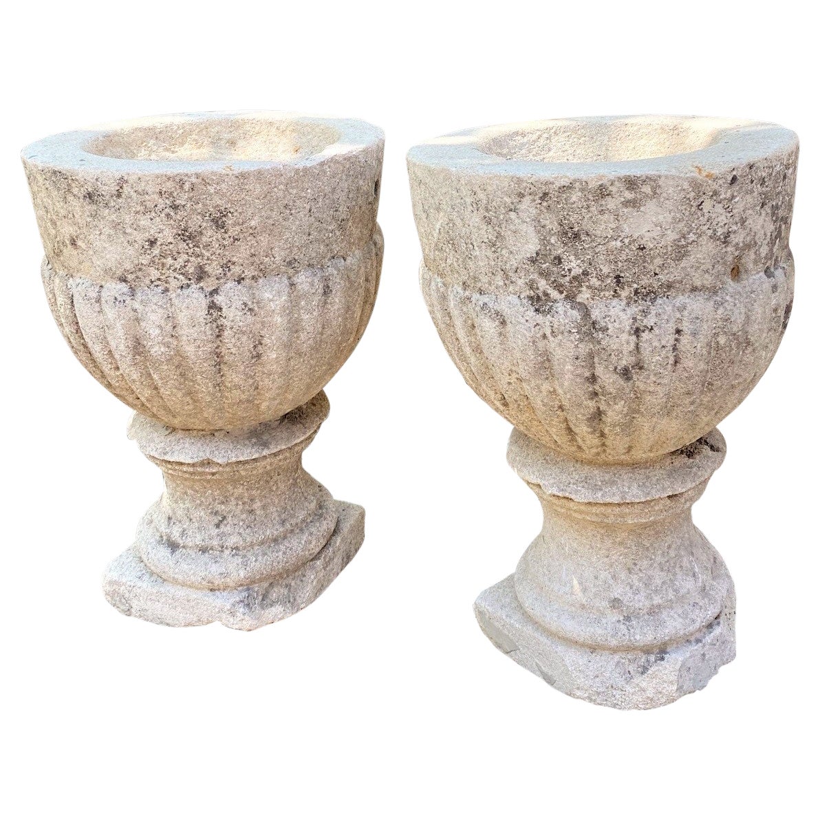 Pair Hand Carved Stone Pillar Finials Decorative Urns Vase Rustic Antiques LA CA