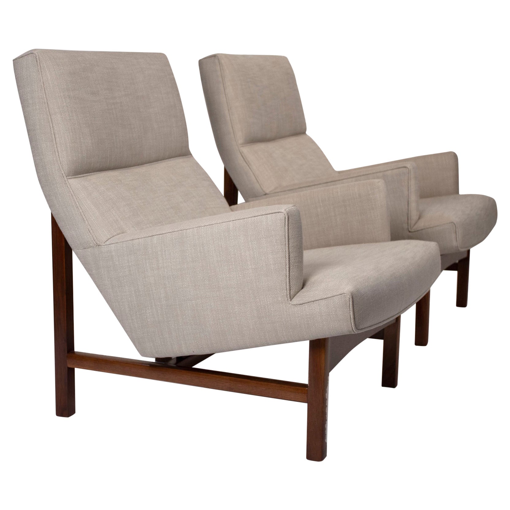 Jen Risom Floating Lounge Chairs in Walnut Cradle Frames with Linen Upholstery