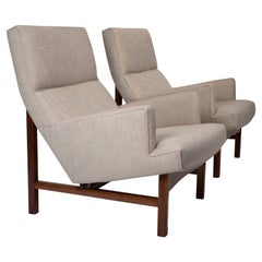 Jen Risom Floating Lounge Chairs in Walnut Cradle Frames with Linen Upholstery