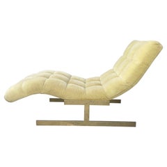 Milo Baughman Style Tufted Velvet and Brass Wave Chaise, circa 1970