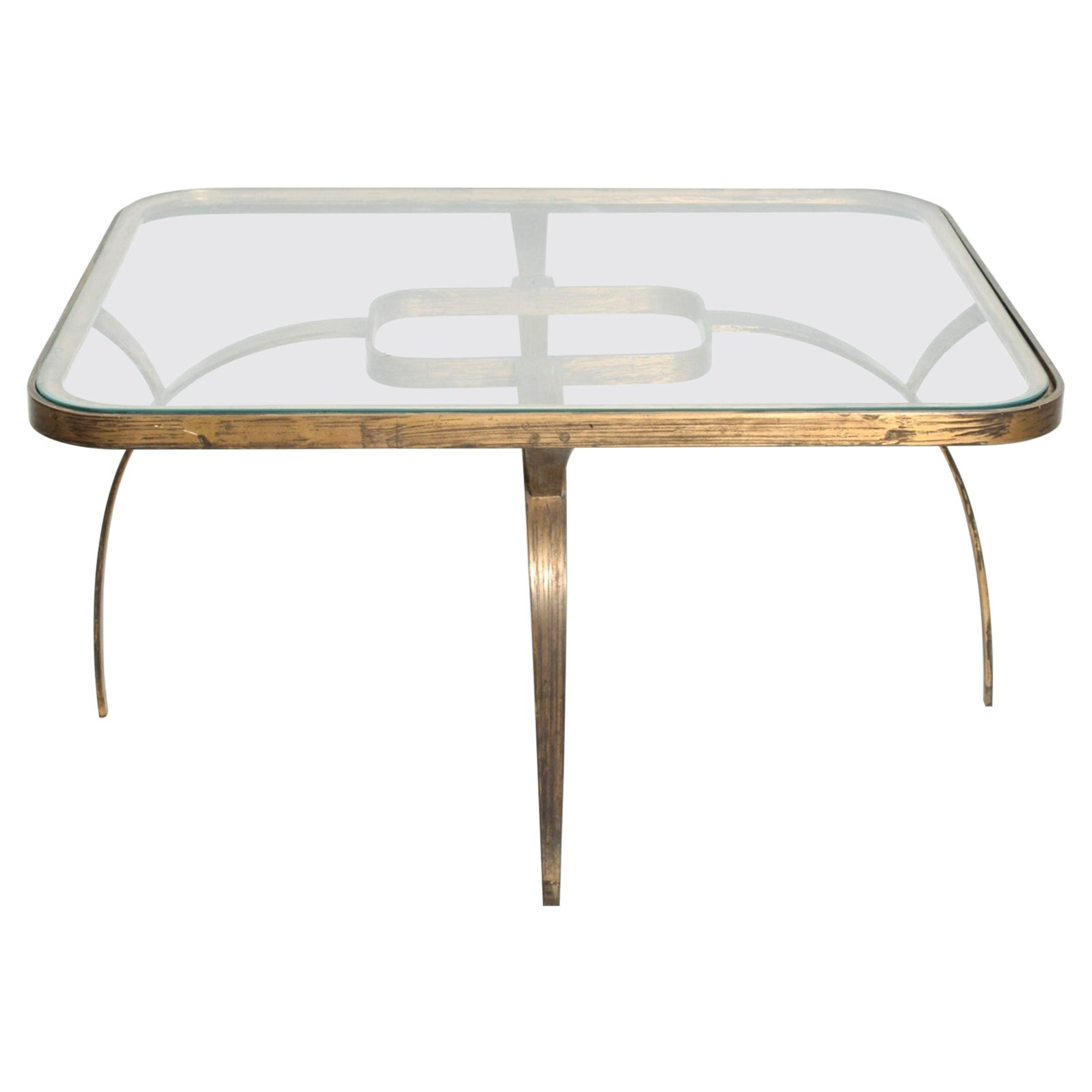 Midcentury Mexican Modernist side coffee table sculptural bronze 
Constructed with bronze glass tabletop. 
 Unmarked. Attributed to Arturo Pani Mexico City 1950s.
Rectangular shape with round corners curvy wishbone legs.
Dimensions: 29.5 W x 23 75.