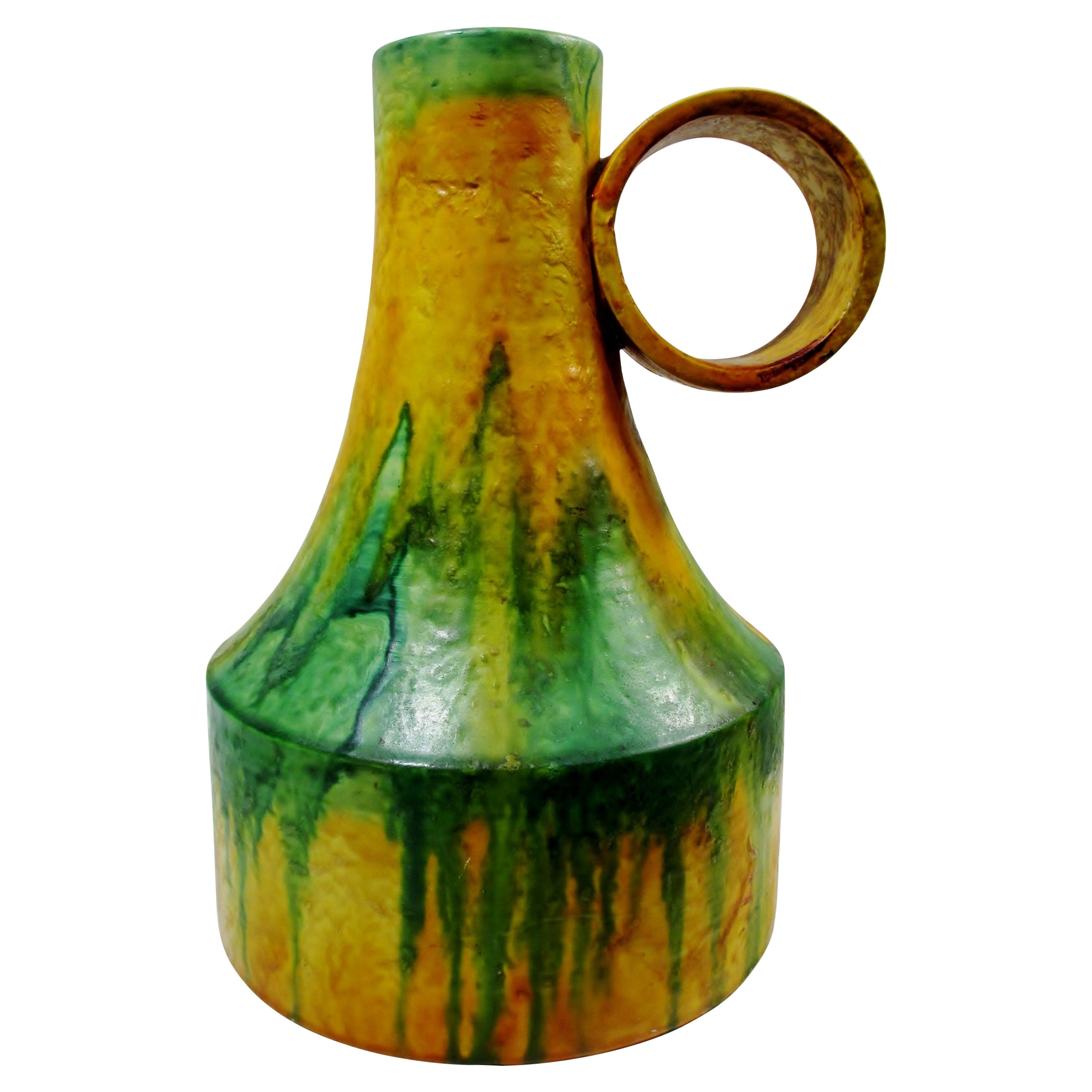 1970s Marcello Fantoni Italian Art Pottery Loop Handle Flambe Glaze Vase For Sale
