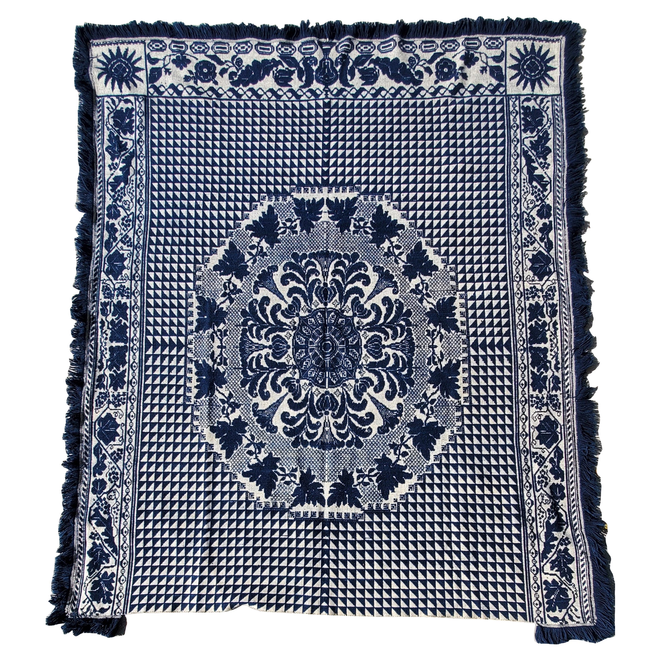 Blau-weißes gewebtes Jacquard-Deckel aus Pennsylvania aus dem 19. Jahrhundert