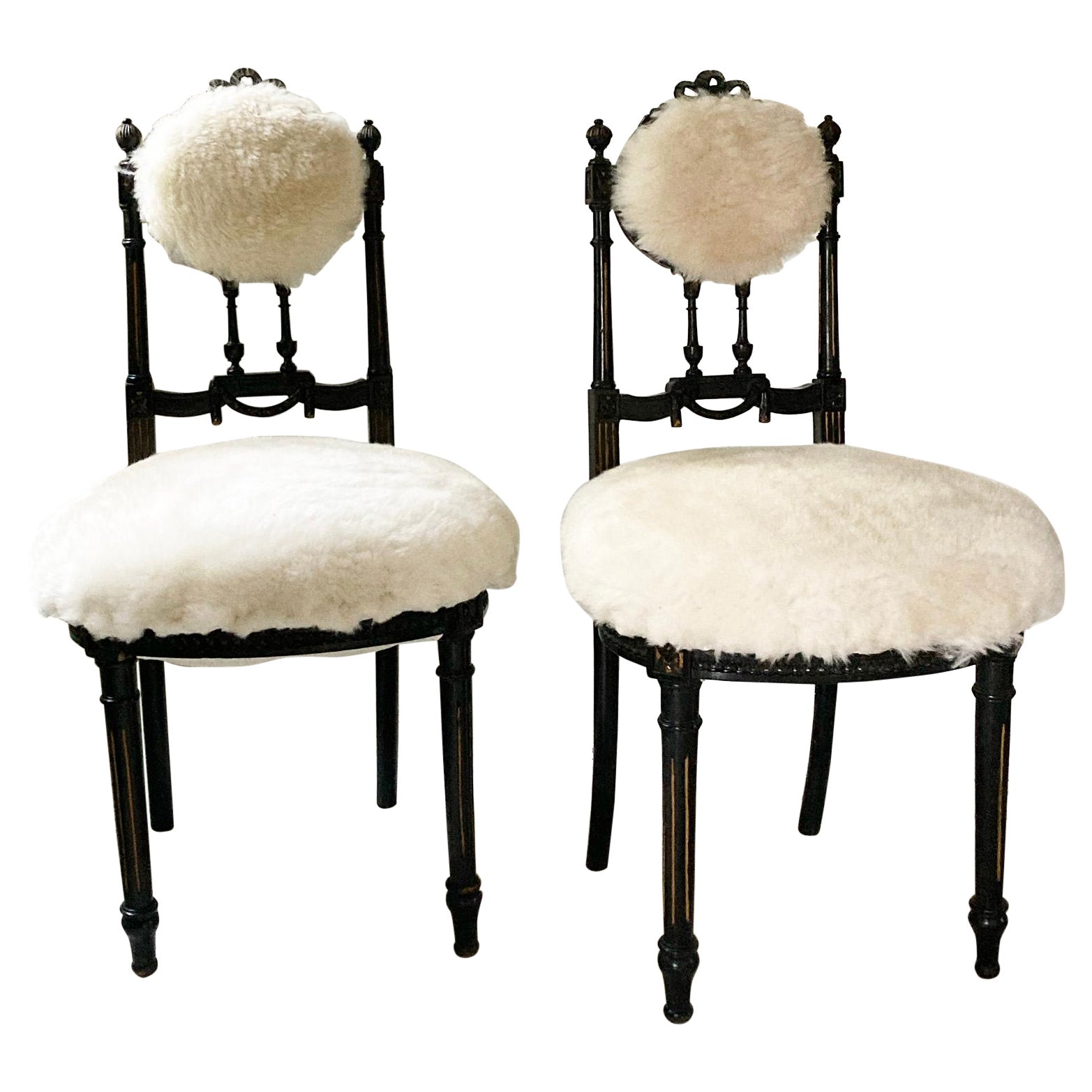 Fine Pair of Decorative Black Chairs with White Pure Wool , Sicily Italy 1920’s For Sale