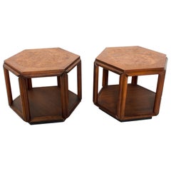 1960s John Keal Classic Hexagonal Side Tables Walnut & Burlwood by Brown Saltman
