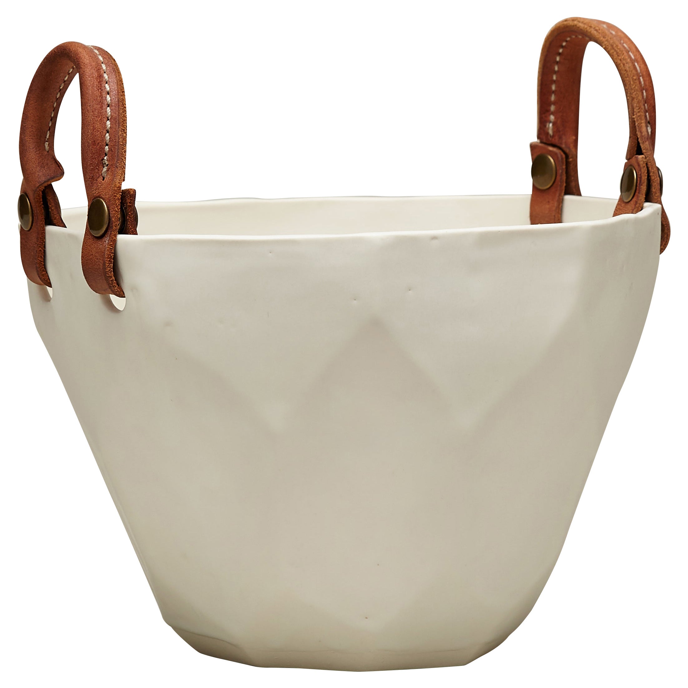 Handcrafted Faceted Porcelain Ice Bucket Leather Handles