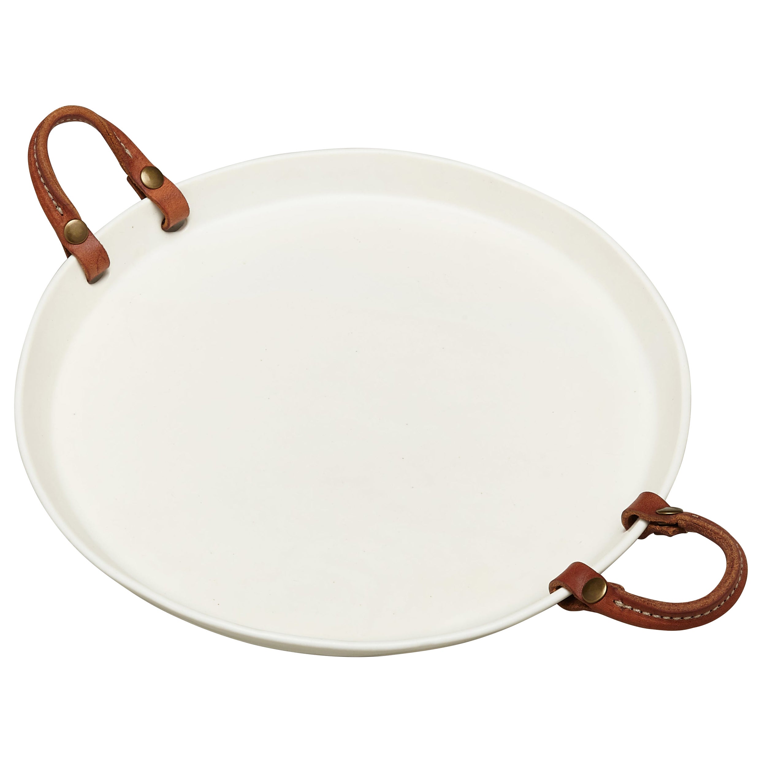 Handcrafted Round Porcelain Serving Tray Leather Handles