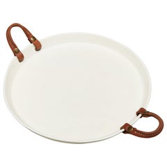 Handcrafted Round Porcelain Serving Tray Leather Handles