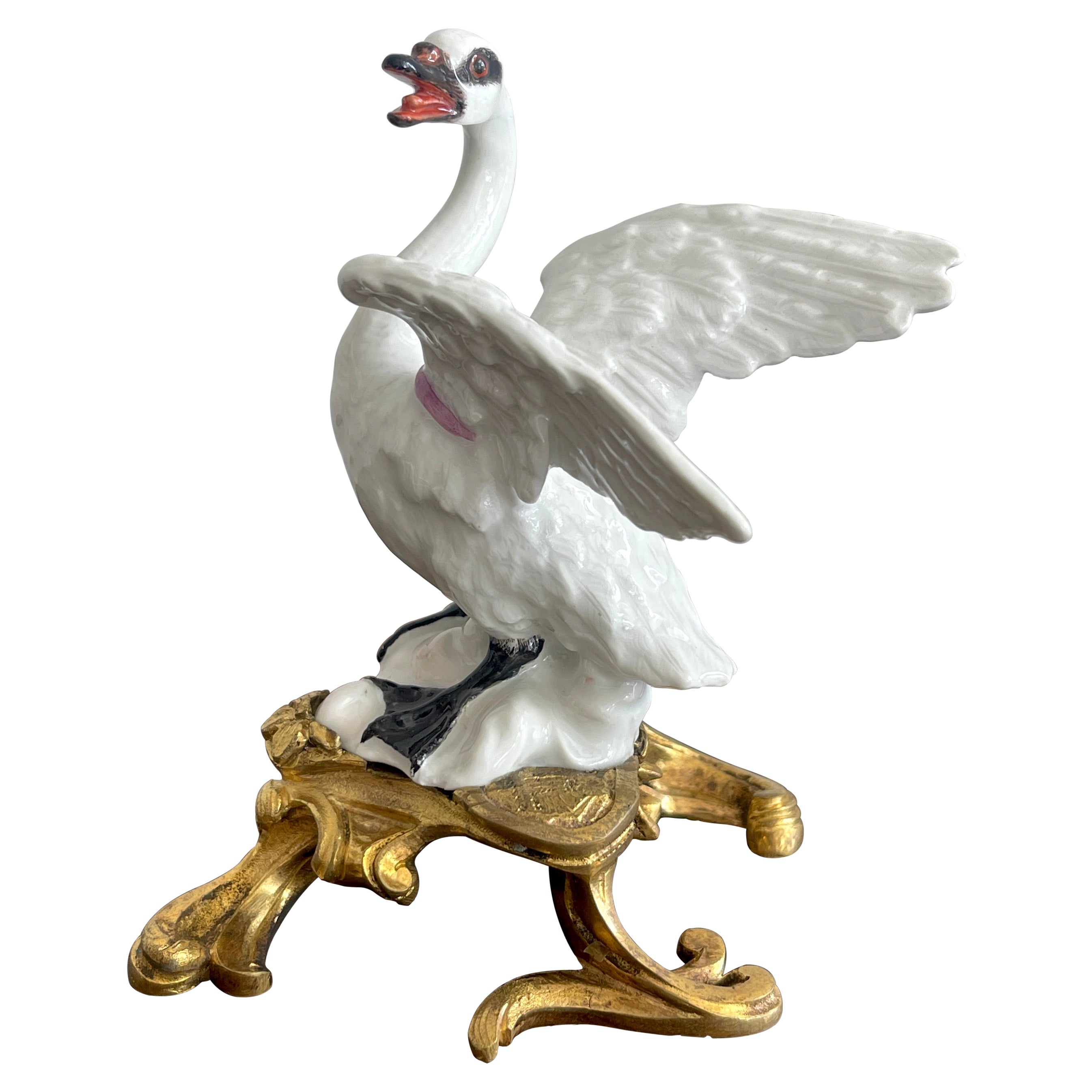 18th C Meissen Ormolu Mounted Swan with Harness, Modeled by J.J. Kandler