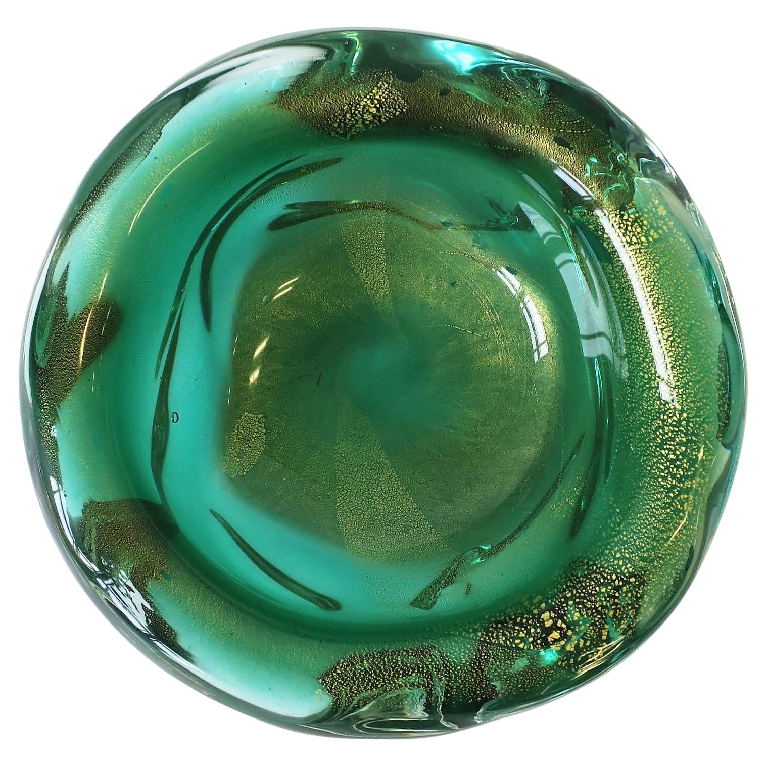 Italian Murano Emerald Green and Gold Art Glass Bowl For Sale