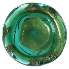 Vintage Italian Murano Emerald Green and Gold Art Glass Bowl