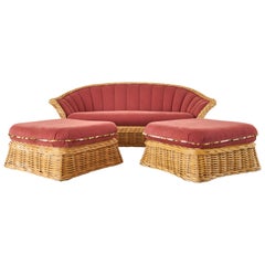 Used Michael Taylor Style Woven Rattan Sofa and Matching Ottomans