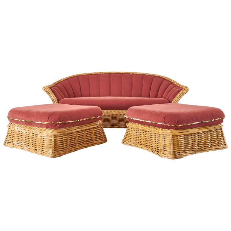 Michael Taylor Style Woven Rattan Sofa and Matching Ottomans For Sale
