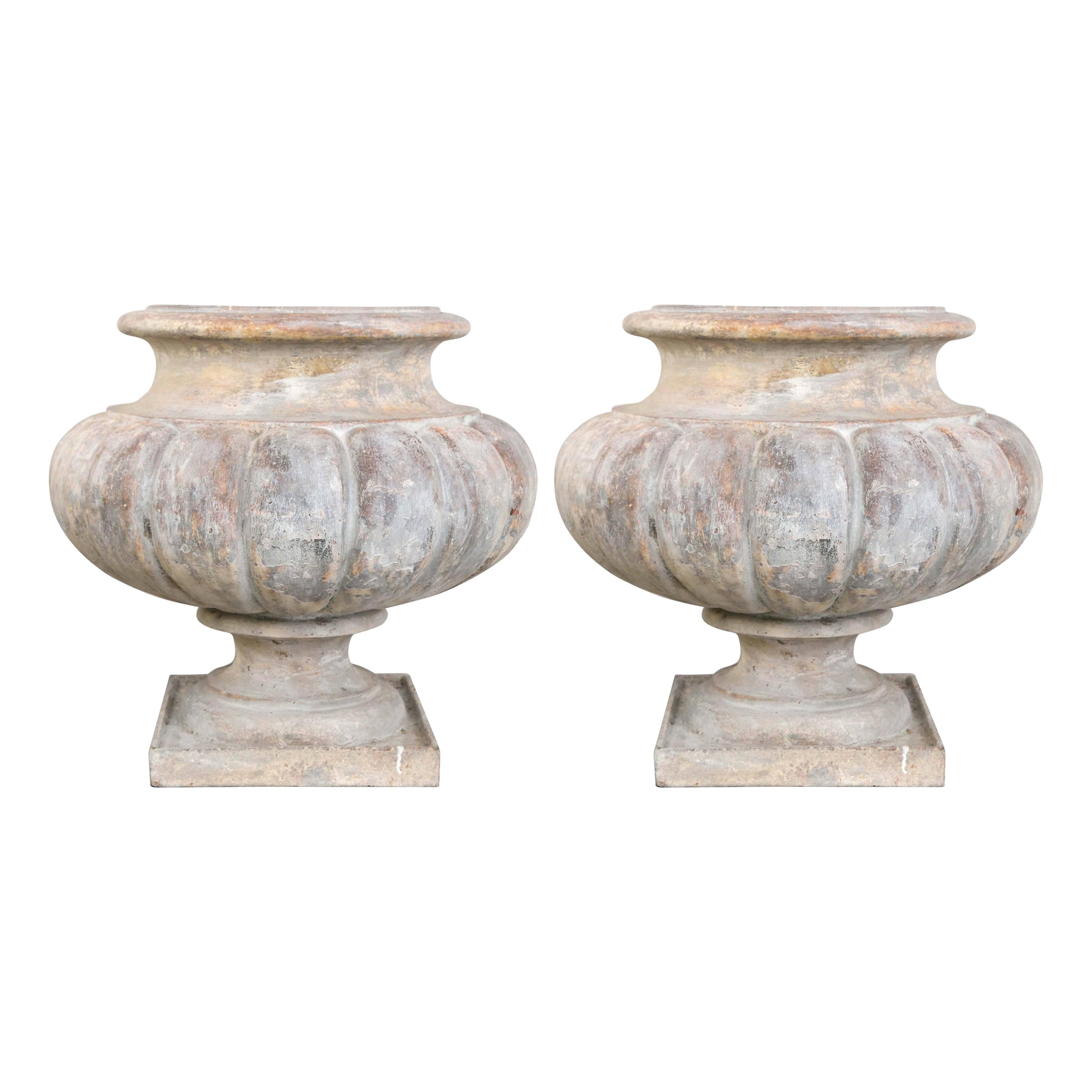Pair of Cast Iron Melon Shaped Urns