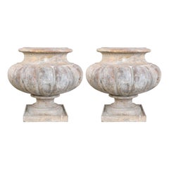 Pair of Cast Iron Melon Shaped Urns