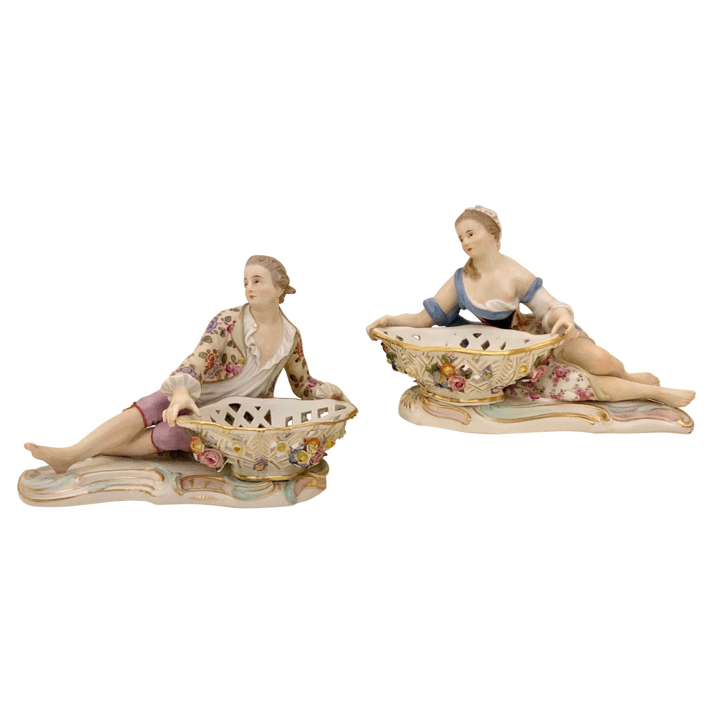 Pair of Meissen Porcelain Figural Sweet Meat Dishes Antique, Circa 19th Century