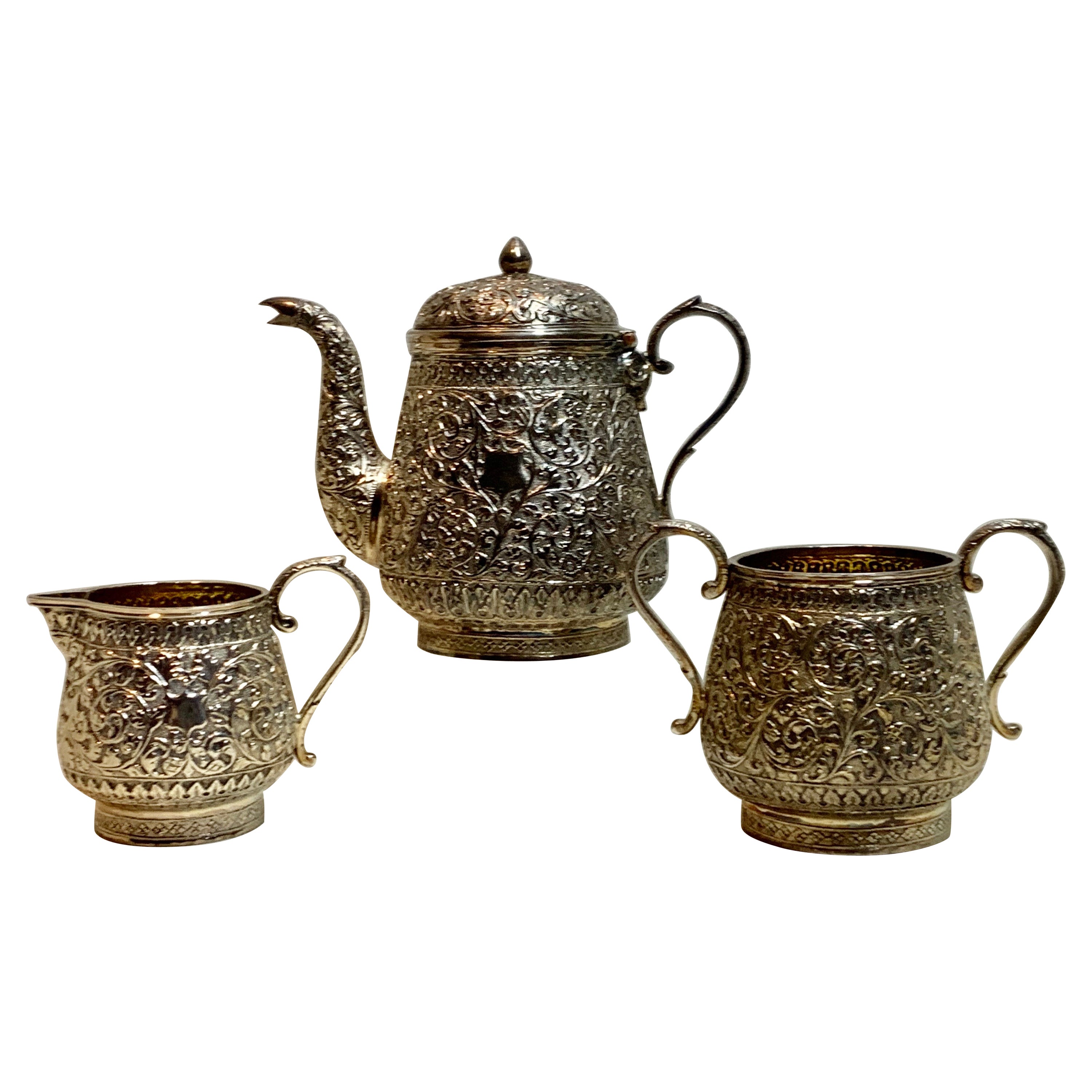 Fine Antique Indian Kutch Silver Bachelor 3-Piece Tea Set C. 1900/ 590 G