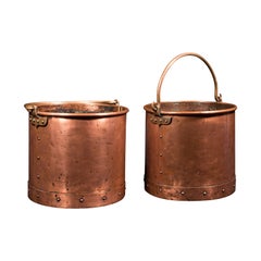 Pair of Antique Fireside Bins, English, Copper, Coal, Fire Bucket, Victorian