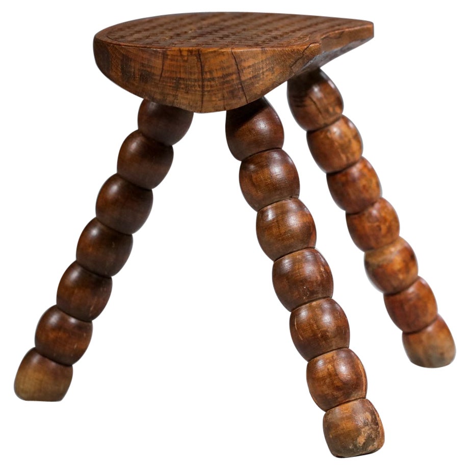 French Tripod Stool from the 50's Handcrafted Solid Oak Artisanal Hand CraftF330