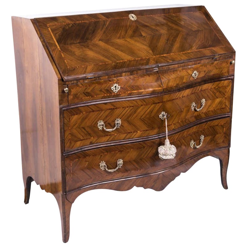 18th Century Louis XV Bureau Italian Genoese Walnut Marquetry Drop-Front Desk For Sale