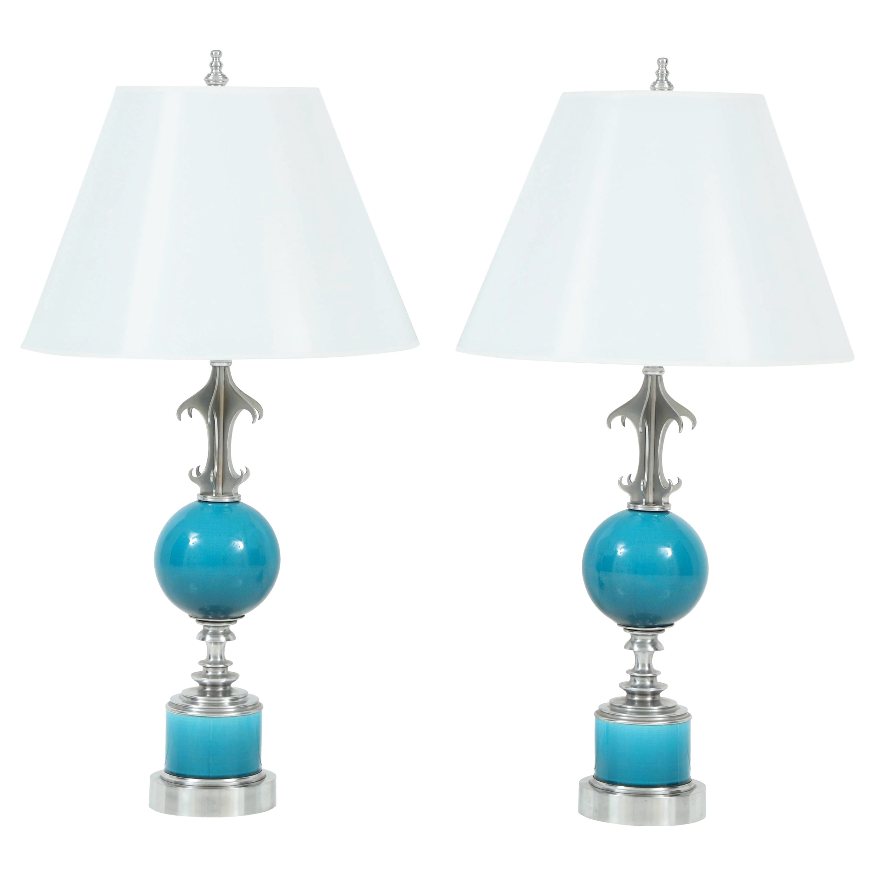 Pair of Blue Ceramic and Nickel-Plated Metal Table Lamps For Sale