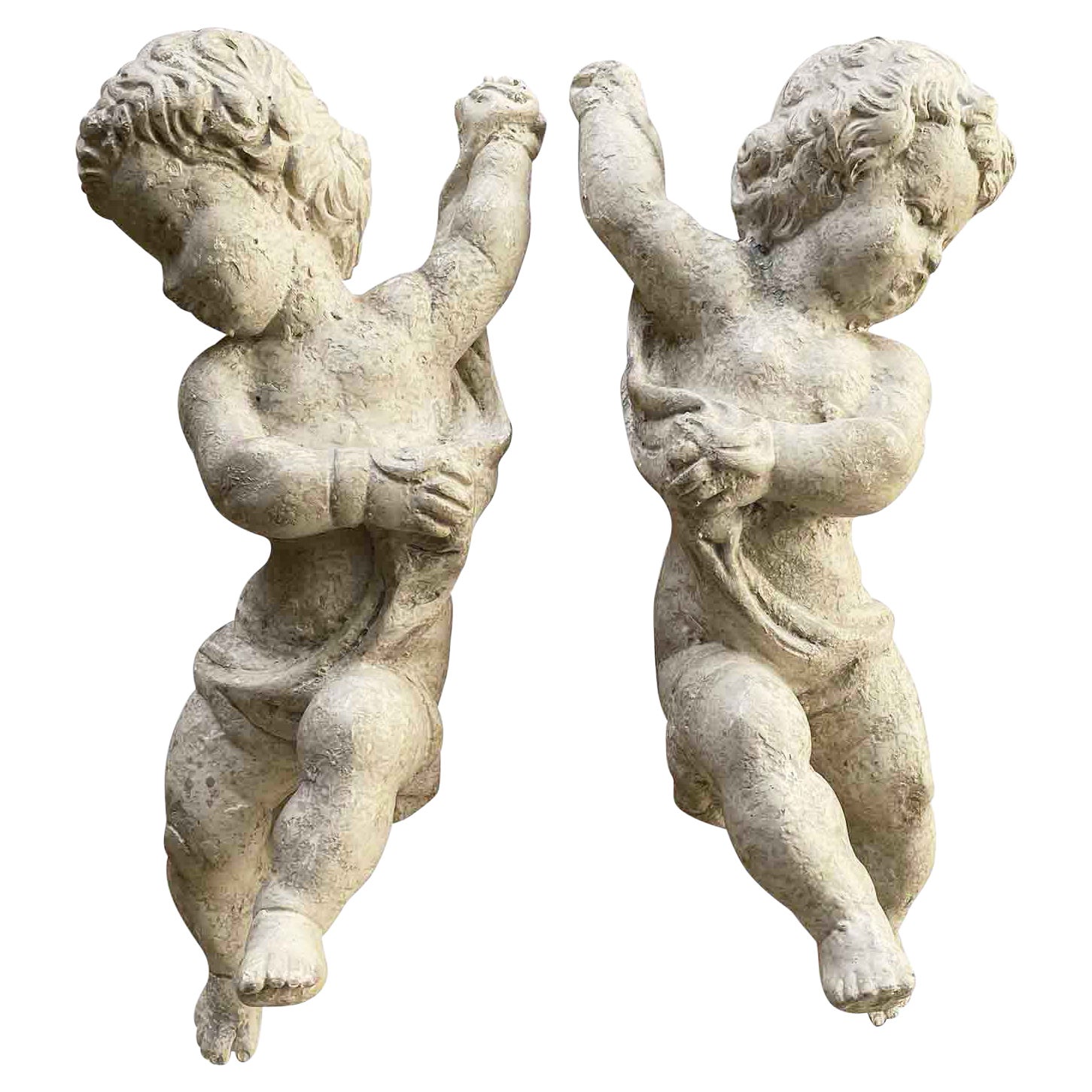 Pair of Italian Cherub Sculptures 19th Century Baroque Style White Putti