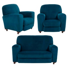 1930er Jahre Art Deco geschwungenes blaues Teal Samt Sofa und zwei Sessel, 3er-Set