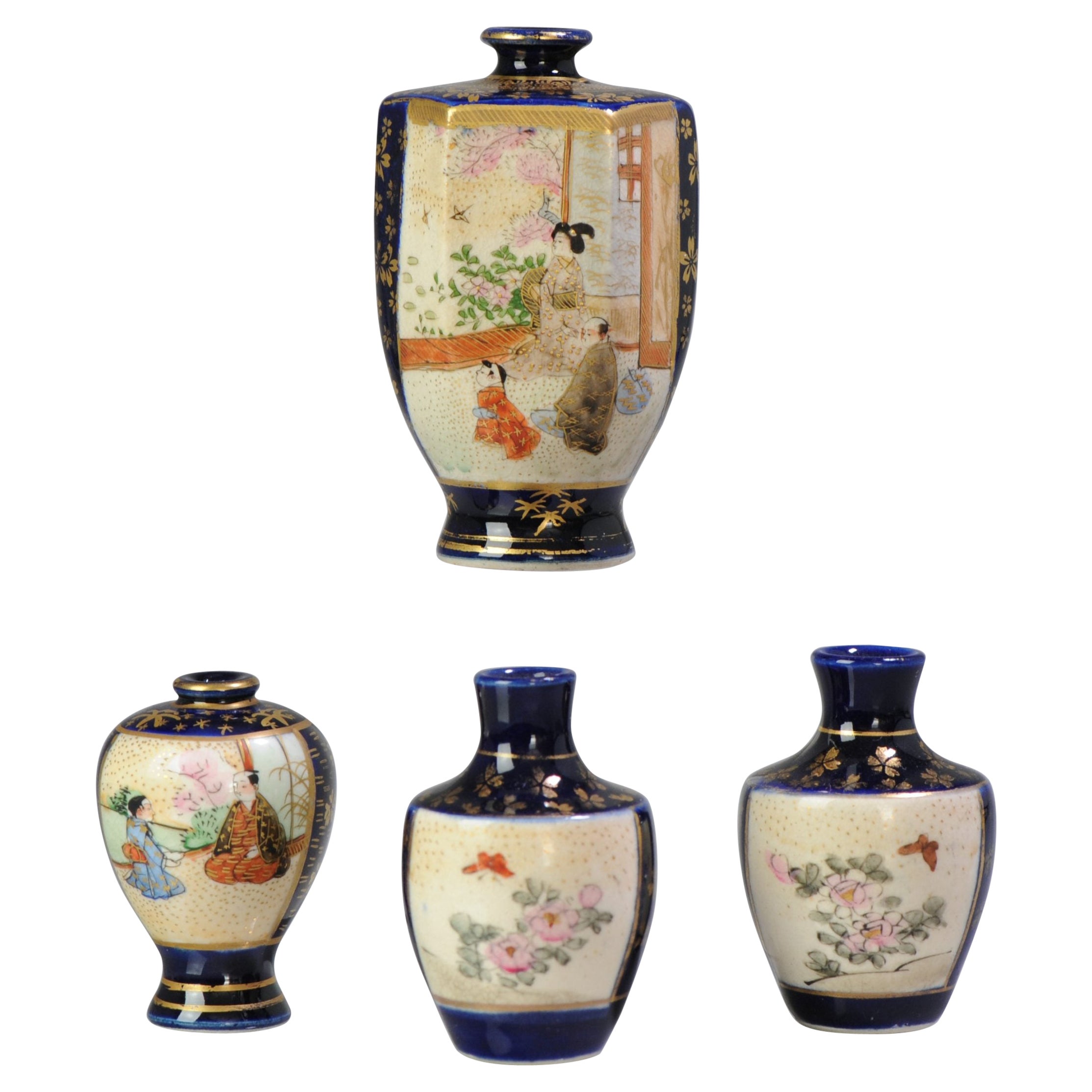 Antique 19/20th C Japanese Kyo Satsuma Miniature Vases Japan Blue