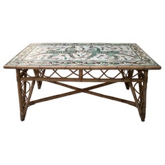 1990s Spanish Bamboo Table w/ PaintedCeramic Tiles Top & Signed Punter SL