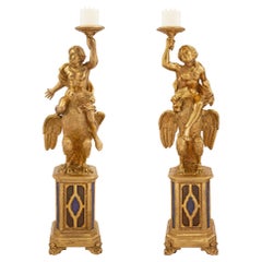 Pair of Italian 18th Century Giltwood and Faux Painted Baroque Torchières
