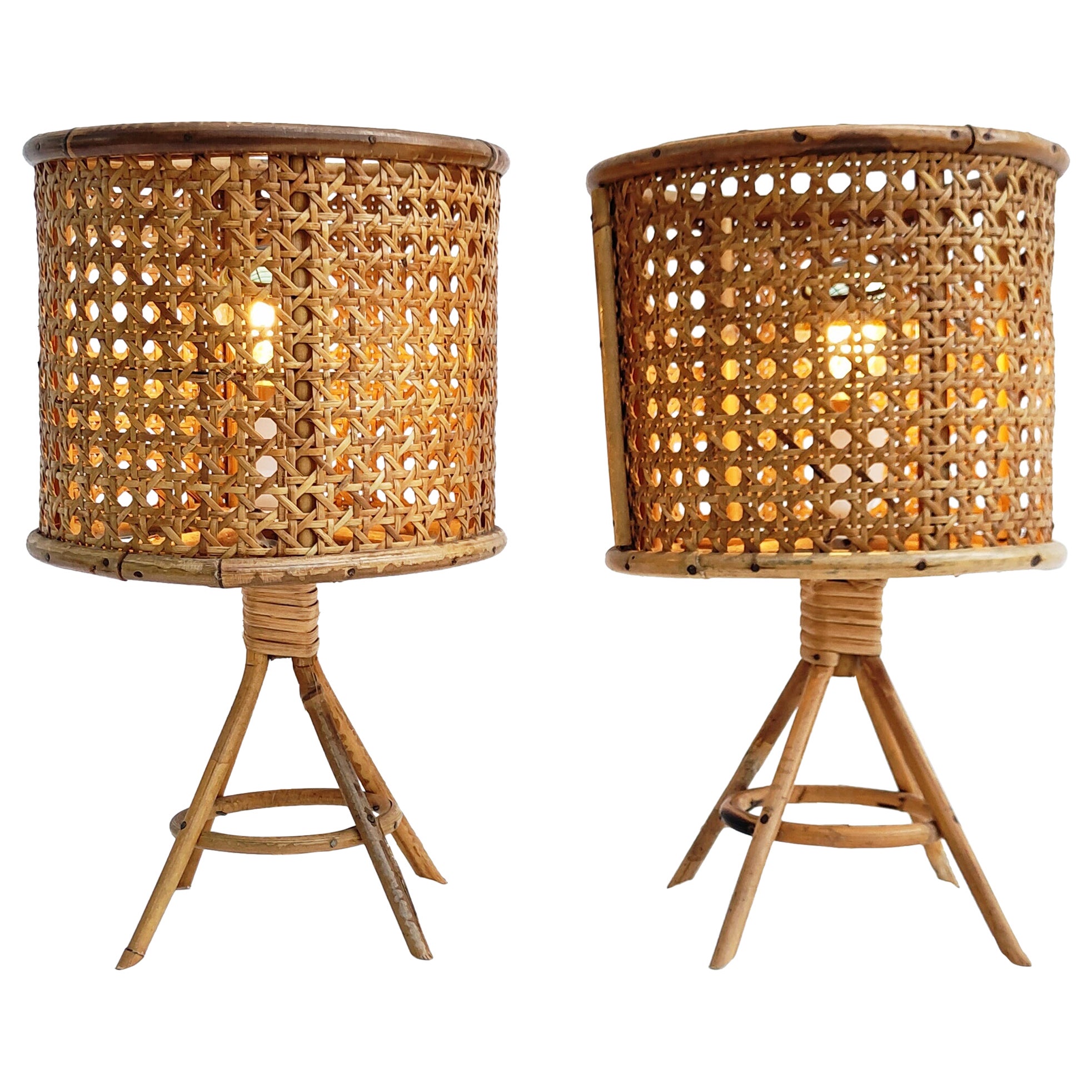 Pair of White Woven Rattan Lamps at 1stDibs