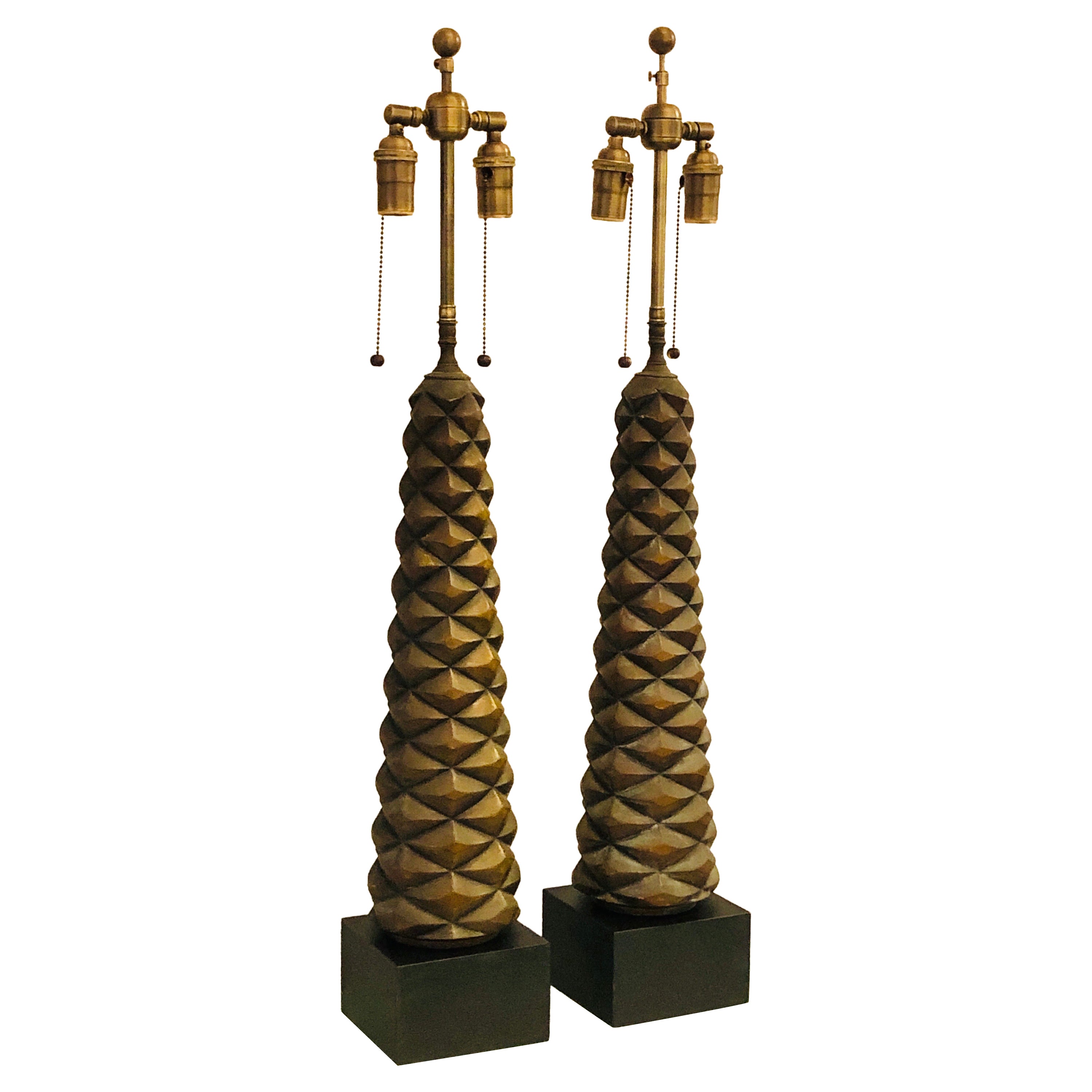 Pair of Mid Century Carved Wood Burnished Gilt Pair of Table Lamps, 1940s