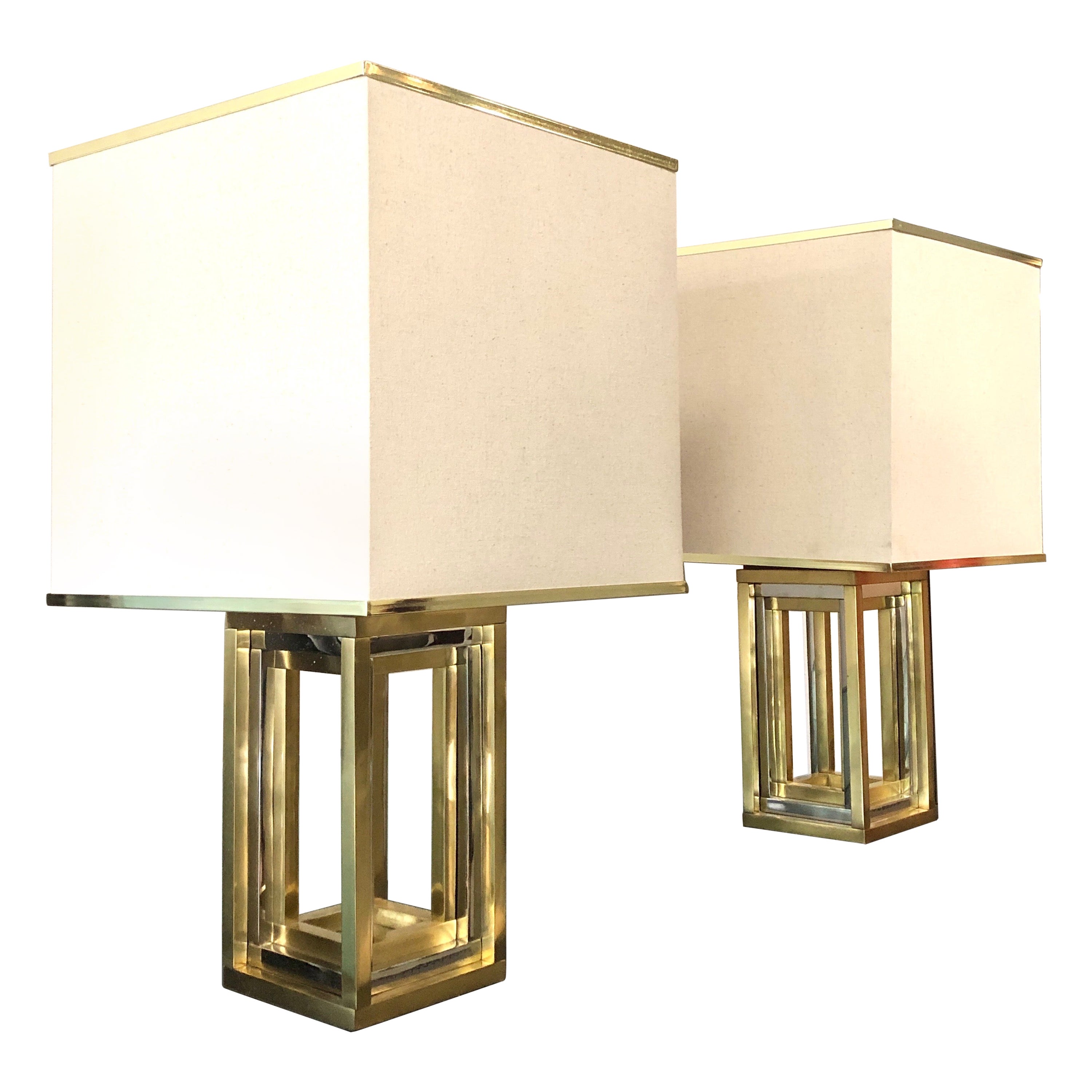 Italian Brass And Chrome Cube Pair Of, Cube Table Lamp Shades