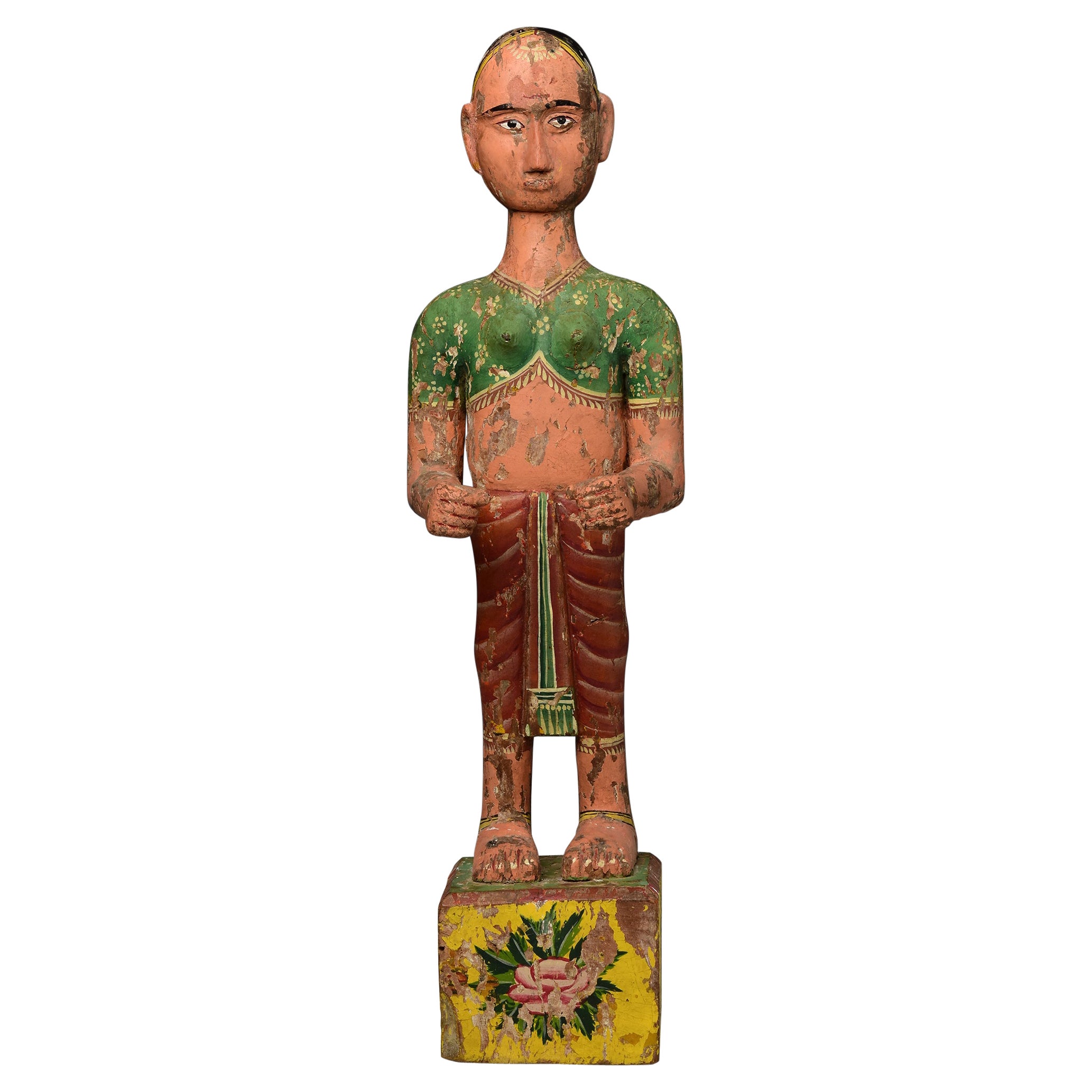 19ème siècle, Mandalay, Ancienne figurine birmane en bois Stand