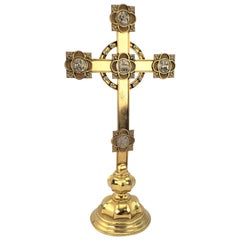 Large Vintage Solid Brass Religious Christian Cross with Applied Vignettes