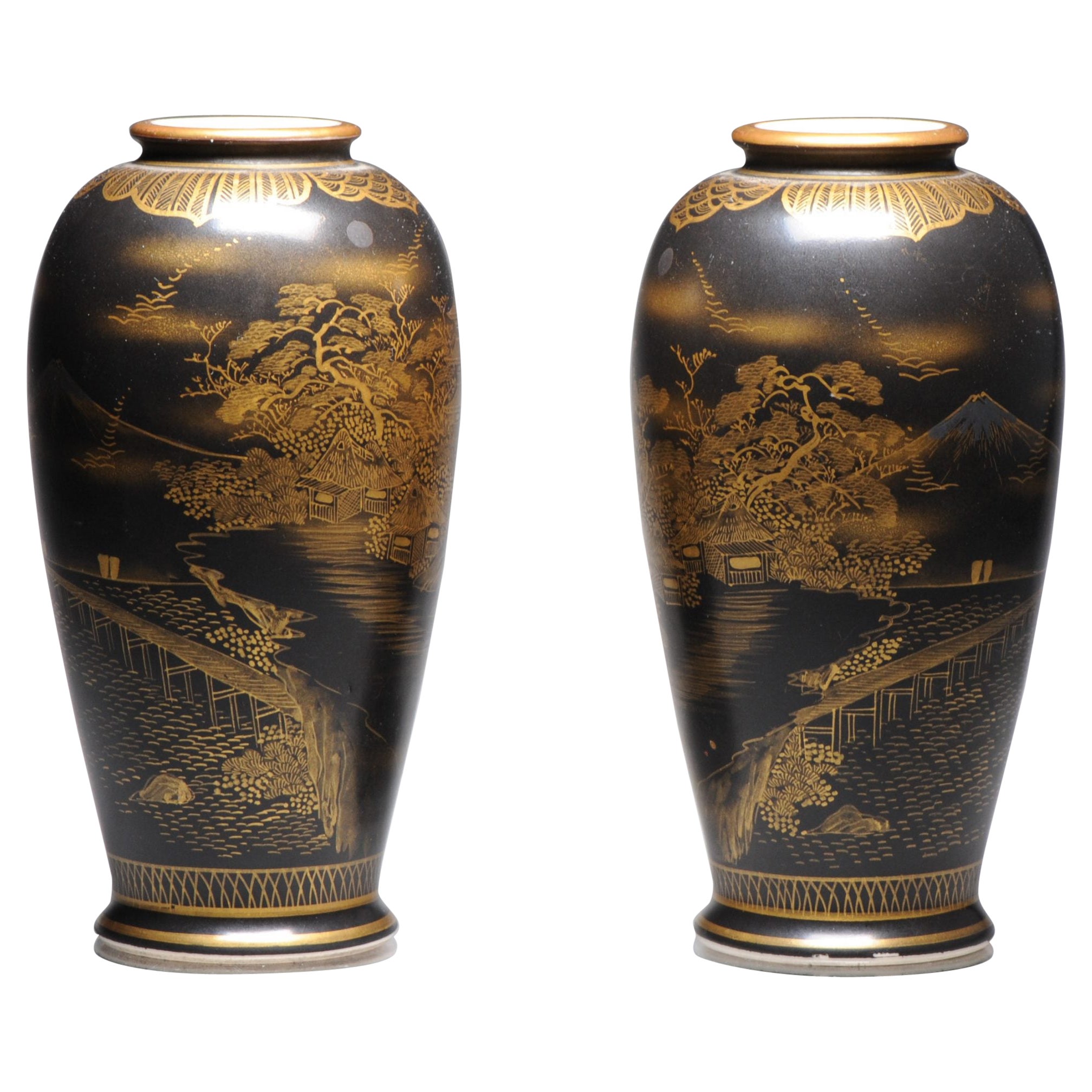 Antique Pair 19C Japanese Satsuma High Quality Black Vases Landscape Uchida