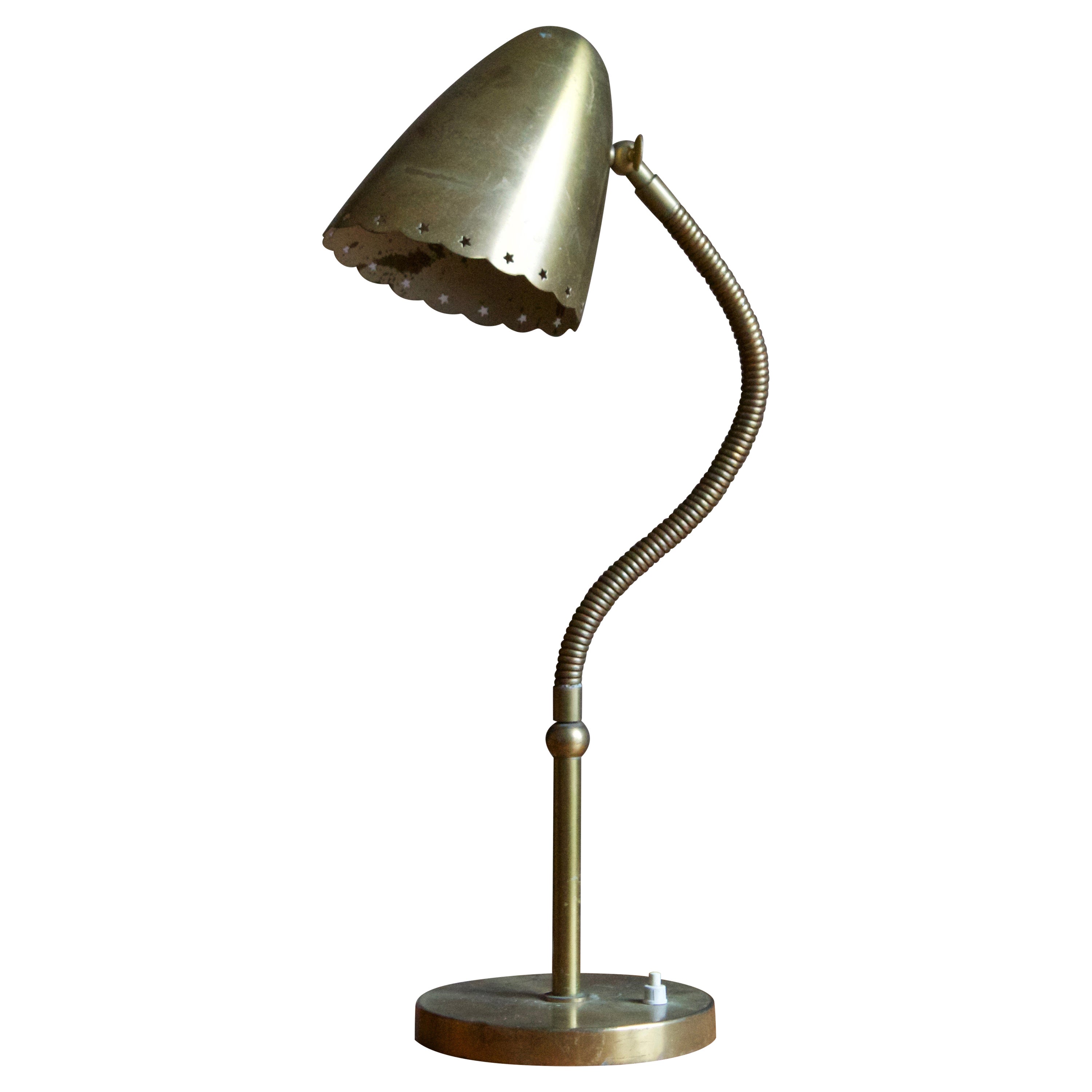 Vilhelm Lauritzen, Attribution, Adjustable Table Lamp, Brass, Denmark, 1940s