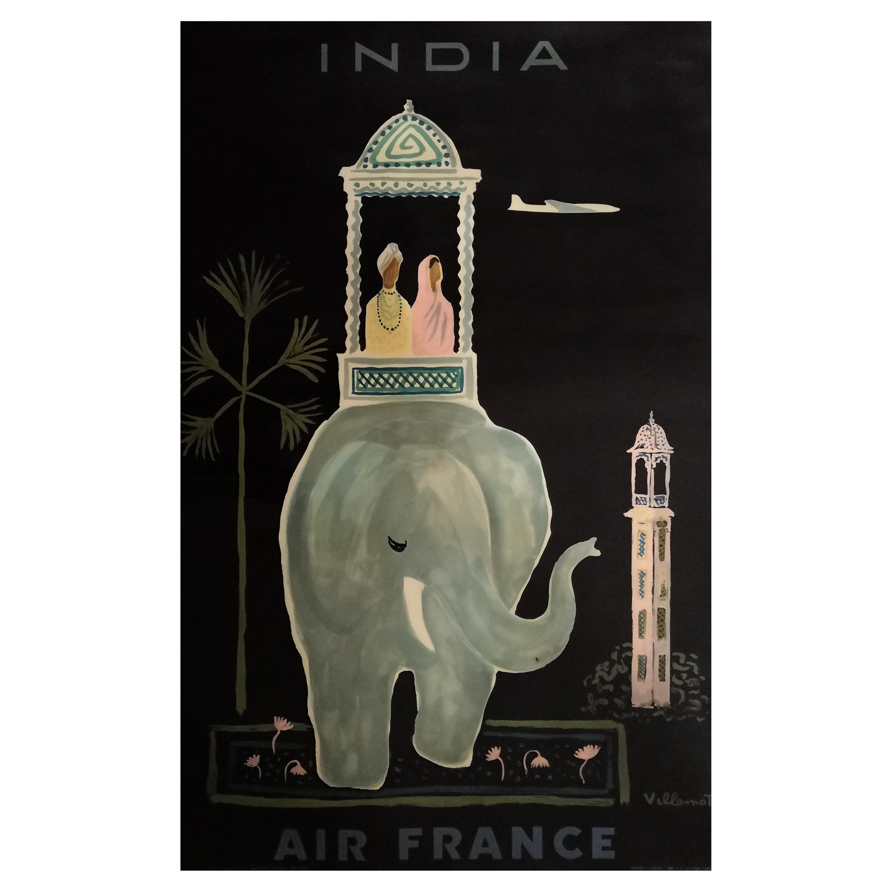 Midcentury Air France India Poster Bernand Villemot Elephant, c1956