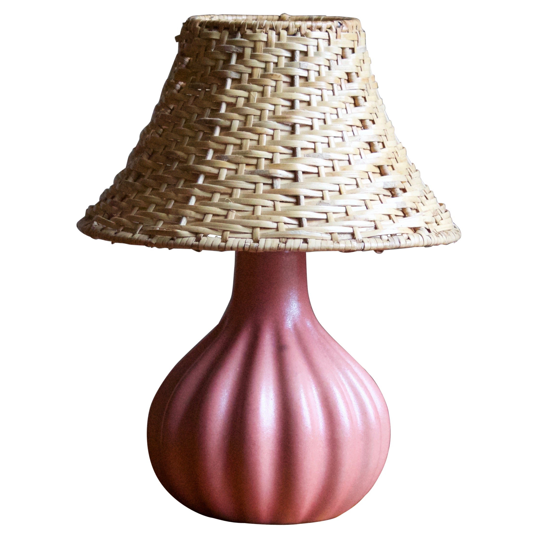Ego Stengods, Fluted Table Lamp, Stoneware, Rattan, Sweden, 1960s