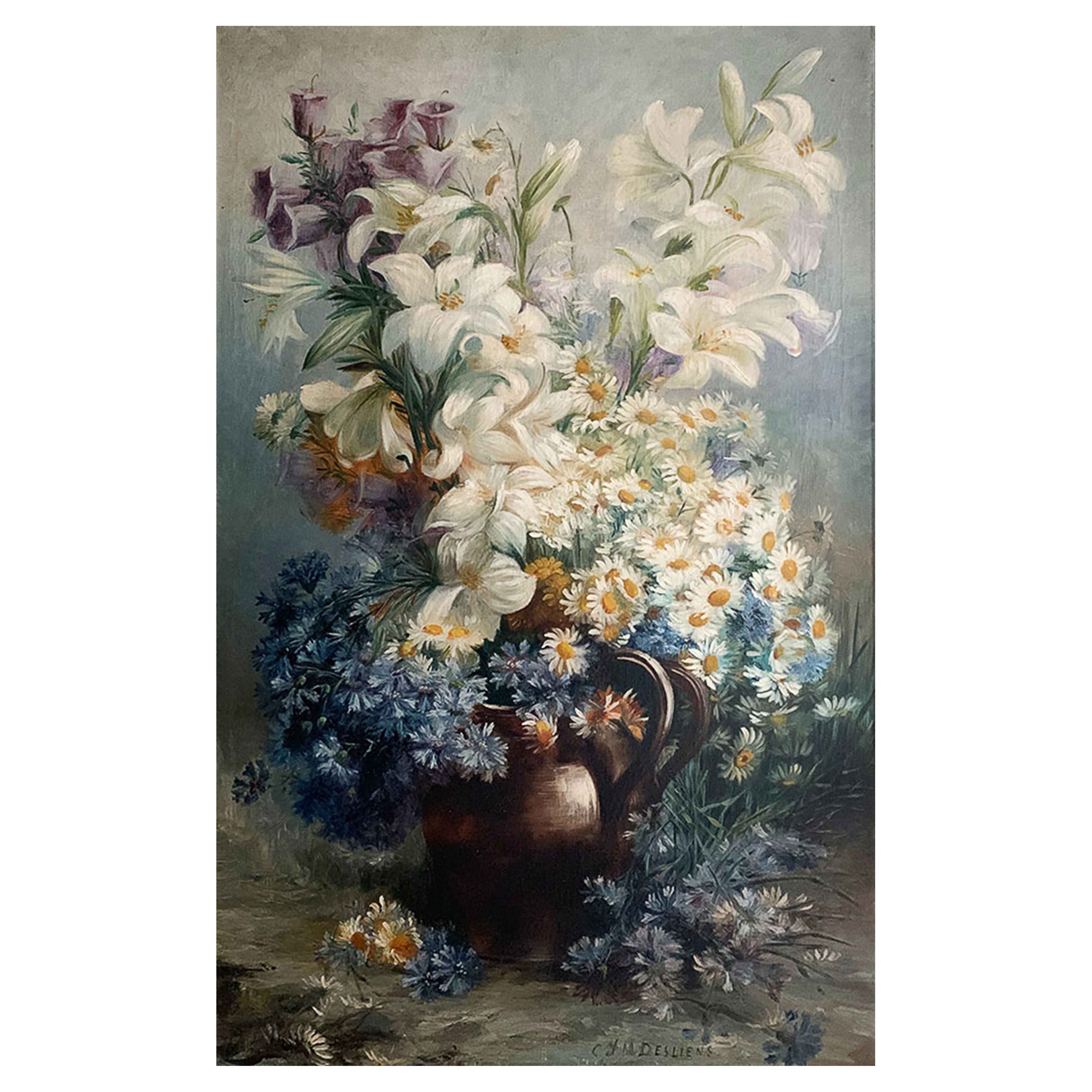 19th Century Oil on Canvas from Desliens Sisters Cécile and Marie "Bouquet" For Sale
