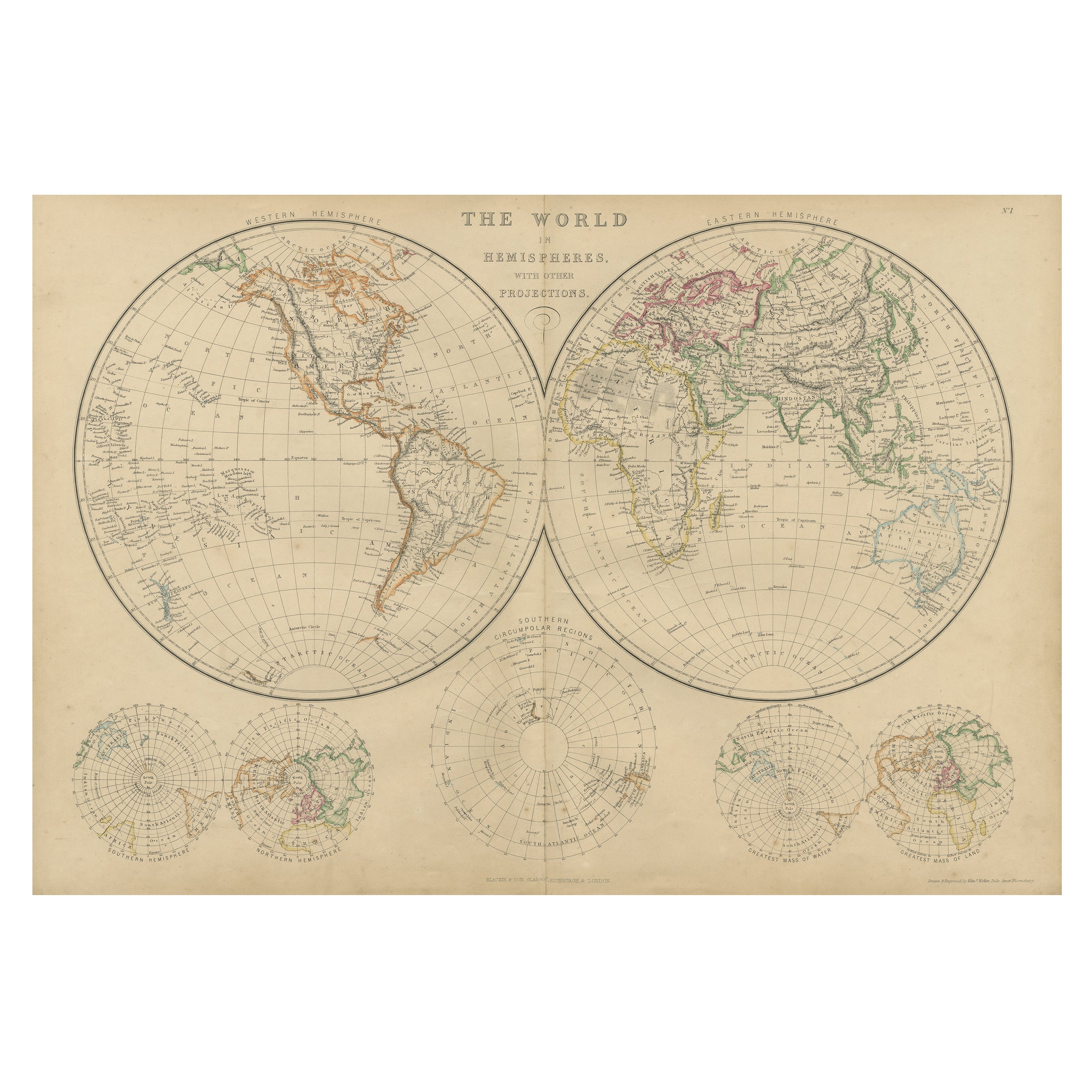 Antique Map of The World in Hemispheres by W. G. Blackie, 1859