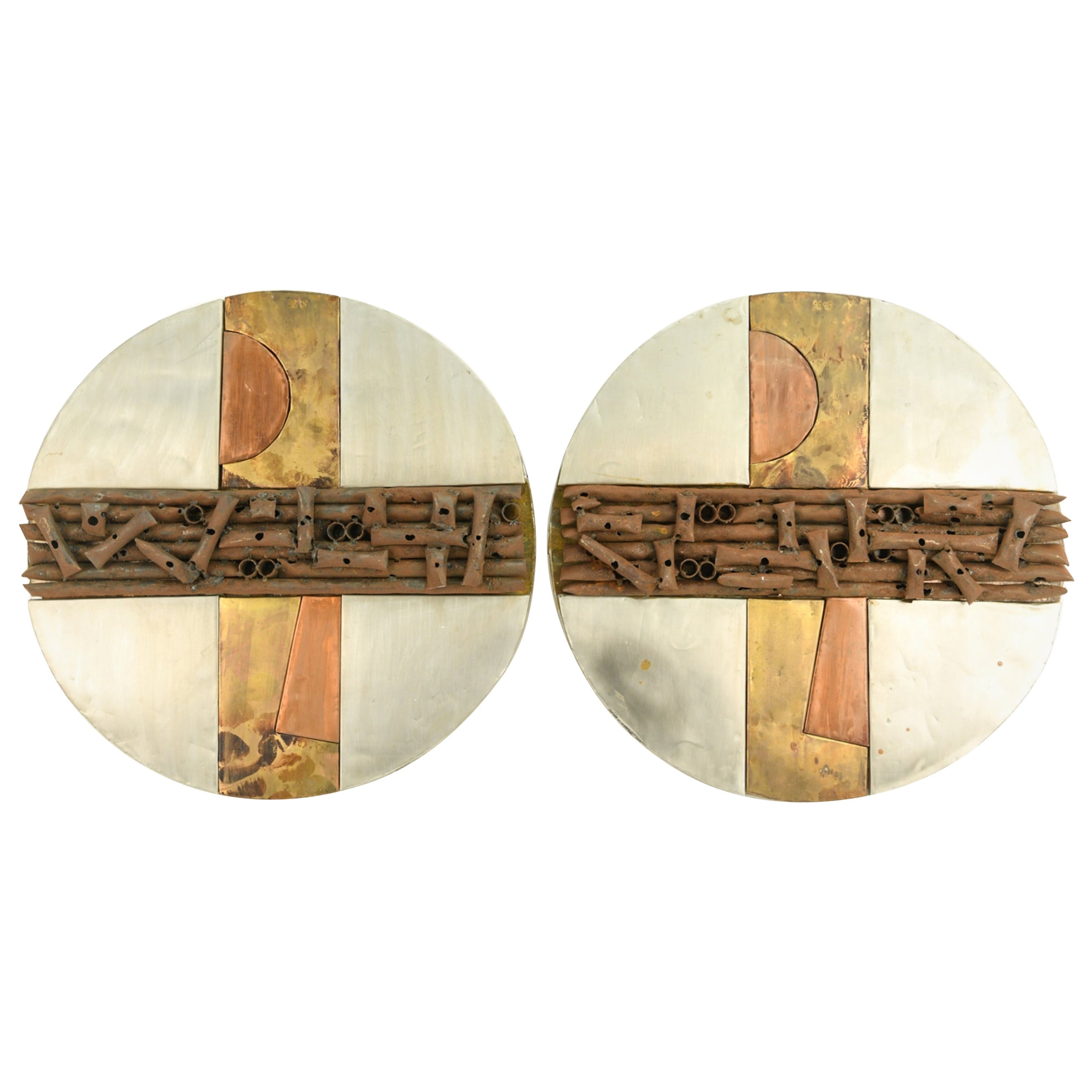Pair of Brutalist Mixed Metal Wall Sculptures For Sale