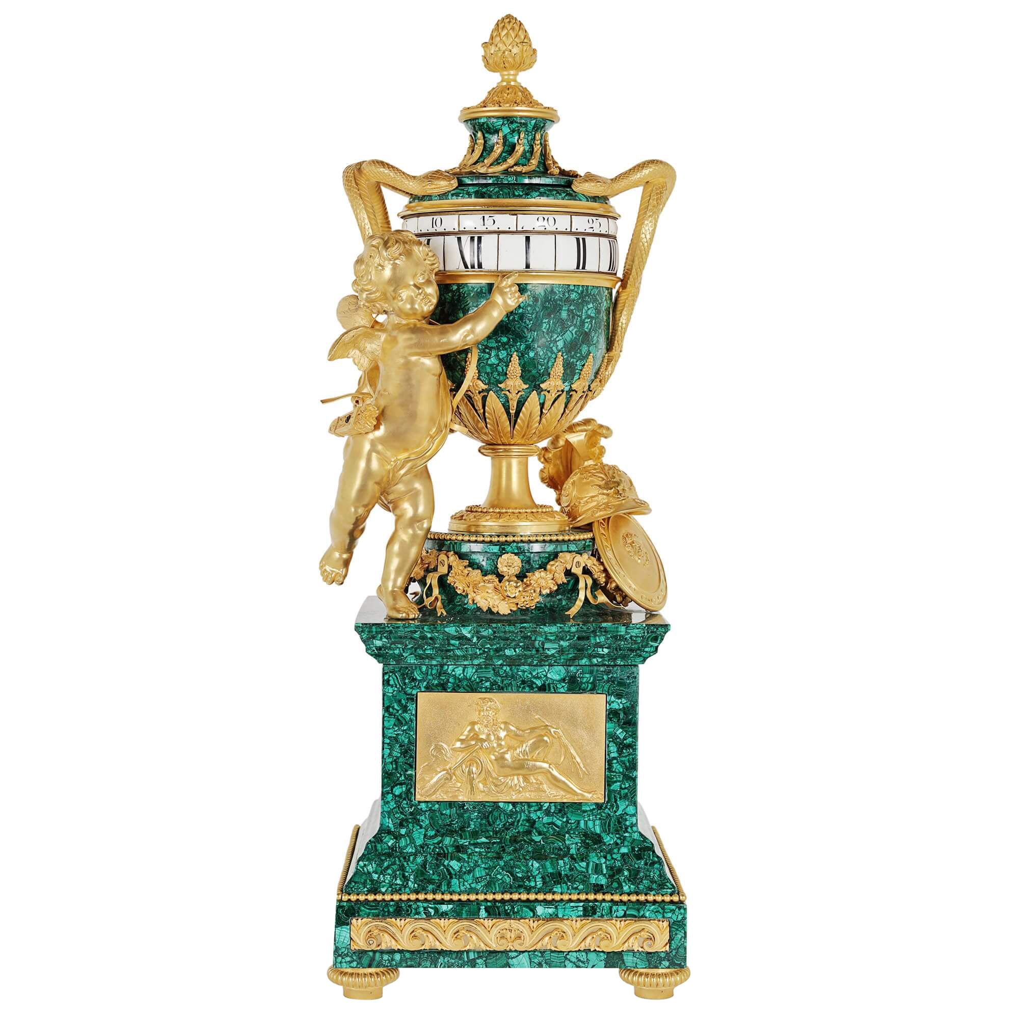 Antique French Gilt Bronze Mounted Malachite Turning Mantel Clock