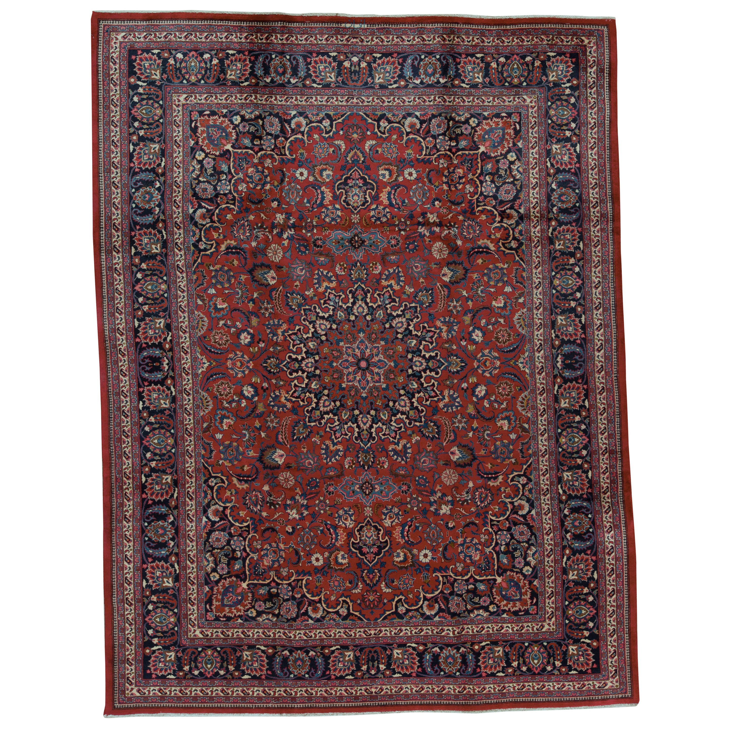   Antique Persian Fine Traditional Handwoven Luxury Wool Red / Navy Rug For Sale