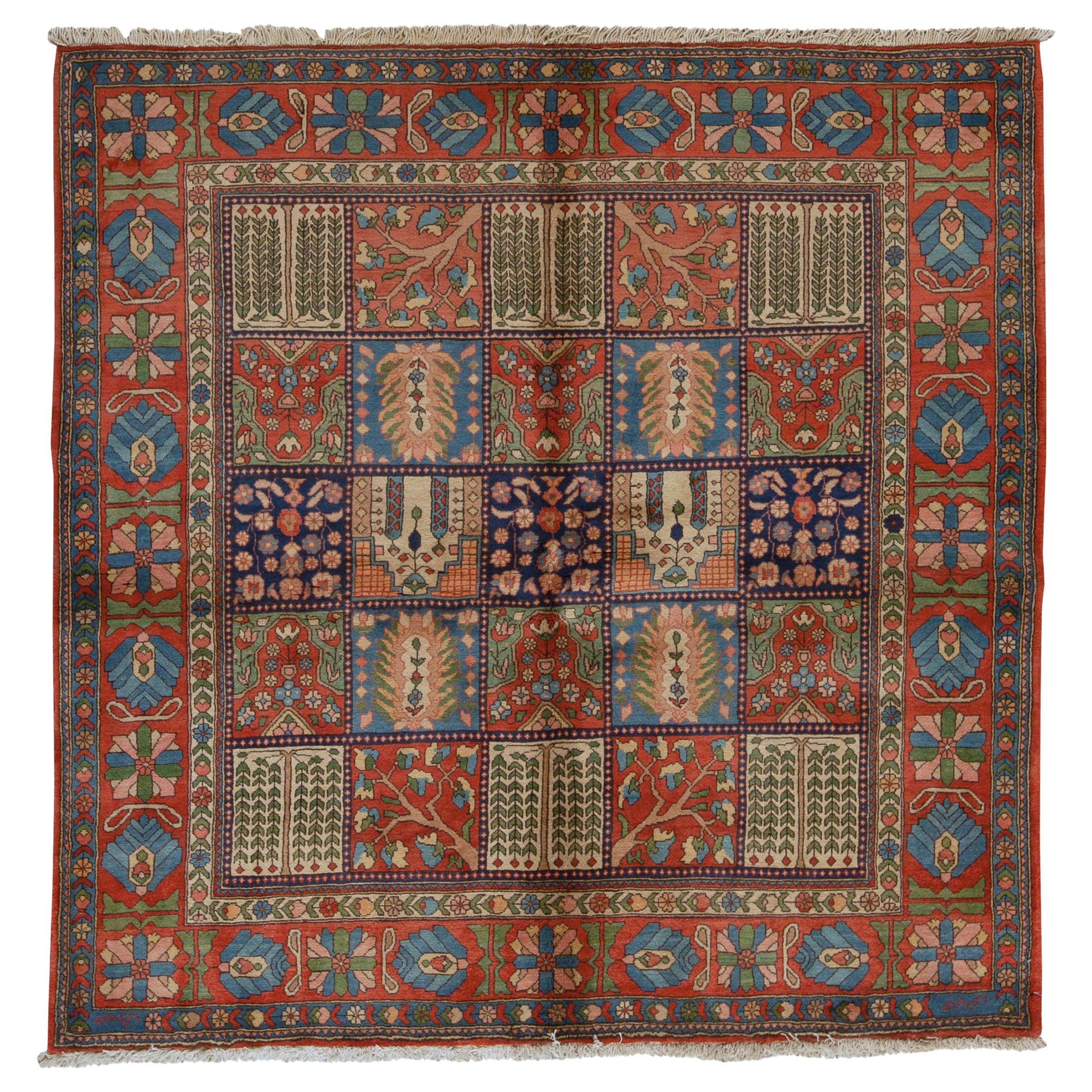   Antique Persian Fine Traditional Handwoven Luxury Wool Multi Square Rug  For Sale