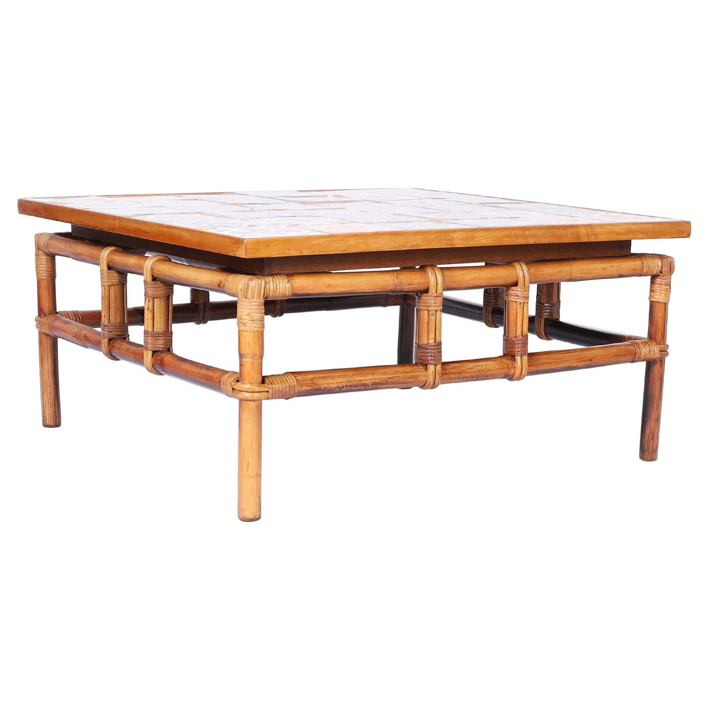 Table basse italienne en faux bambou et plateau en carreaux